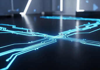 Abstract neon blue lines intricately weave across a sleek dark surface, crafting a sophisticated high-tech pattern, defining a compelling futuristic backdrop