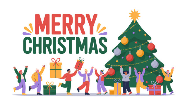 Festive Cheer: A joyful christmas illustration with dancing figures around christmas tree and gift boxes, conveying the essence of holiday spirit and seasonal festivities.
