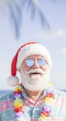 Santa Claus on summer vacation with sunglasses and flower garland — ideal for Christmas, holiday and summer content.