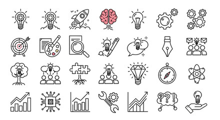 Obraz premium Collection of Black and White Line Art Icons Representing Ideas and Innovation.