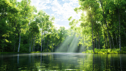 Naklejka premium Serene landscape featuring tranquil lake surrounded by lush green trees, sunlight filtering through foliage, creating peaceful atmosphere
