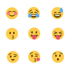 Fototapeta premium emoji, emoticon, smiley, face, expression, happy, laughing, crying, blushing, kiss, tongue, out, winking, surprised, sweating, joyful, playful, cute, cartoon, illustration, icon, set, collection, comm