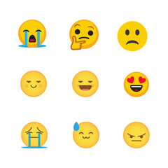 Collection of nine different yellow emoji faces expressing various emotions