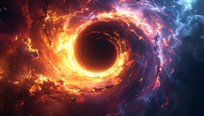 Swirling vortex of fiery reds and purplish-blue nebulae, a dark void at its center, space abyss