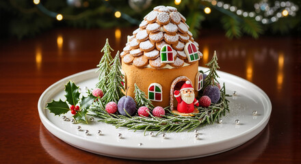 Festive Christmas house dessert with Santa for holiday menus, marketing, and culinary promotions