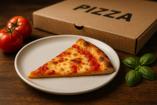 Cheese Pizza Slice With Tomatoes Beside Pizza Box
