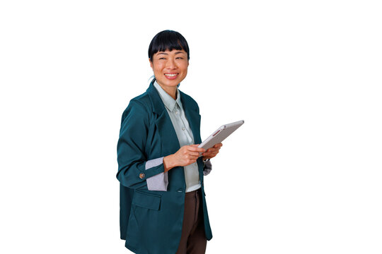 Asian businesswoman smiling while holding tablet, showing confidence and digital communication, ready for business and technology - Powered by Adobe