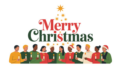 Christmas Carols and Joy: A group of diverse individuals, gathered in a joyous chorus beneath the festive inscription Merry Christmas, embodies the spirit of unity and celebration.