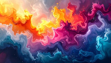 Swirling abstract colors merging, bright yellows, oranges, pinks, purples, and blues in a fluid, dynamic motion