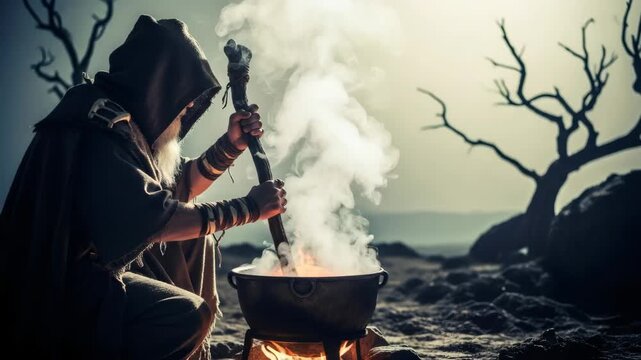 Man stirring a smoking cauldron over fire in a desolate landscape with a barren tree, reflecting pagan ritual for Yule.