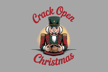 Nutcracker holding christmas ornament with crack open christmas text