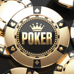 Close up of a golden poker chip with the word poker and a crown symbol