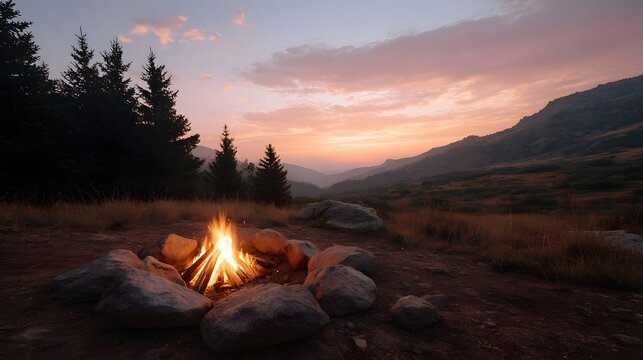 A warm campfire glows in a rocky clearing amidst a serene mountain landscape at dusk with a colorful sunset sky painting the horizon