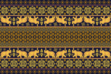 Elegant Thai elephant pattern with traditional gold motifs and seamless decorative textile design.