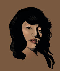 A beautiful young Hispanic woman is seen in a digital drawing that is a 3-d illustration.