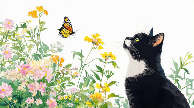 Black cat gazes at butterfly amidst colorful flowers, creating serene and enchanting scene. vibrant colors evoke sense of wonder and tranquility