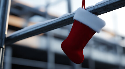 A vibrant red stocking, trimmed with fluffy white, hangs jauntily from a snow-dusted metal rail, suspended by a slender red loop, in anticipation of holiday cheer.