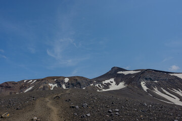 北海道・登山道から望む残雪の百名山 十勝岳の火山風景