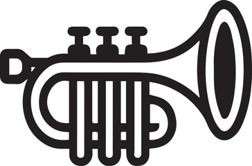 A bold, black and white illustration of a trumpet. The instrument is rendered with clean lines, conveying its classic form and musical essence.