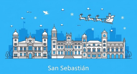 Obraz premium San sebastian cityscape with santa claus flying in sleigh