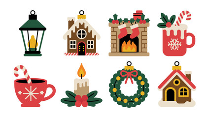 Obraz premium Festive Holiday Collection: A charming collection of iconic Christmas decorations including a lantern, gingerbread houses, a fireplace, and more. Capturing the warm glow of the holiday season.