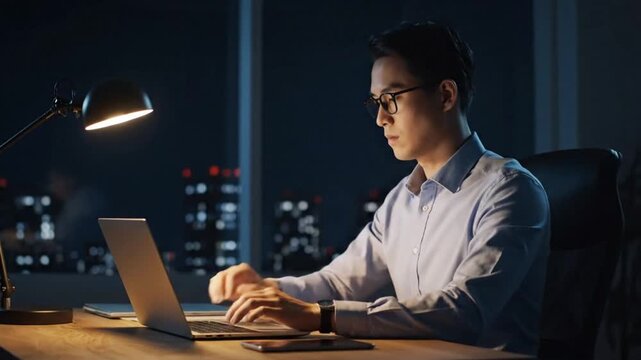 An Asian businessman feels tired and stressed while working late on his laptop at a desk.