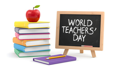 Celebrate World Teachers Day with a vibrant stack of books, a shiny red apple, and a chalkboard message, inspiring education and gratitude.