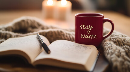 Cozy winter scene: open book with pen, a red mug with 'stay warm' inscription, soft blanket, and candles provide a peaceful and inviting ambiance for relaxation.