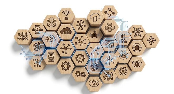 A large collection of hexagonal wooden blocks with various business, technology, and strategy icons, interconnected by glowing blue circuit lines, symbolizing a complex network of ideas and operations