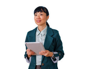 Asian businesswoman looking sideway holding tablet, professional woman in teal blazer smiling representing technology innovation