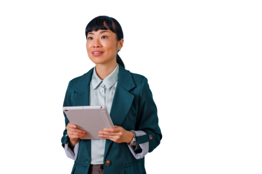 Asian businesswoman looking sideway holding tablet, professional woman in teal blazer smiling representing technology innovation