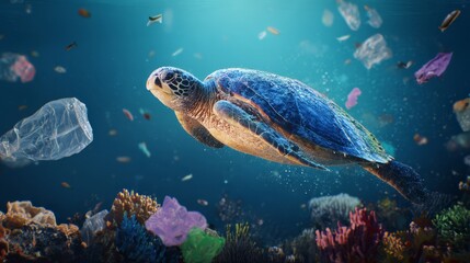 Obraz premium Sea turtle swimming near coral reef with visible plastic waste highlighting urgent environmental awareness