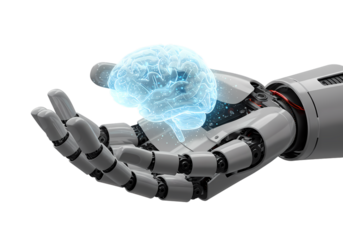 AI brain held by robot hand, futuristic concept