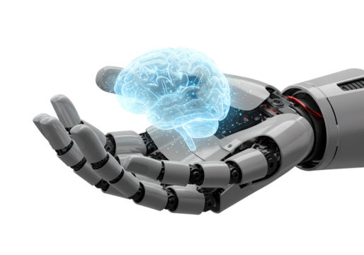 AI brain held by robot hand, futuristic concept
