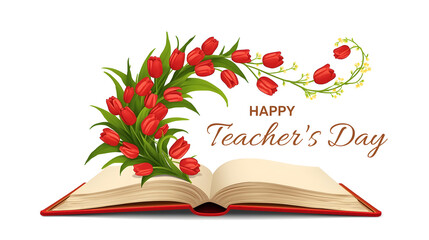 Celebrate educators with a vibrant bouquet of red tulips unfurling from an open book, wishing a Happy Teacher's Day with heartfelt gratitude.