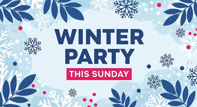 Winter party invitation with snowflakes and leaves