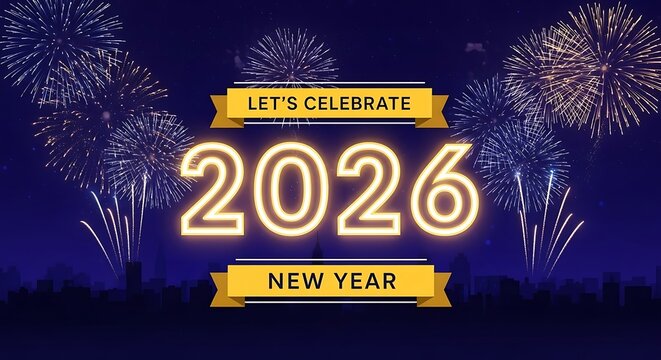 Happy new year 2026 with fireworks and city skyline