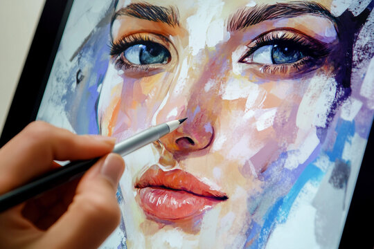 Hyperrealistic portrait eye detail painting using stylus on digital tablet in generative AI creative art process
