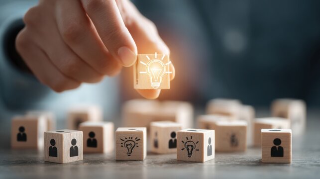 Hand holding wooden cube with lightbulb idea symbol