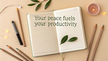 Open notebook with inspirational quote and leaves