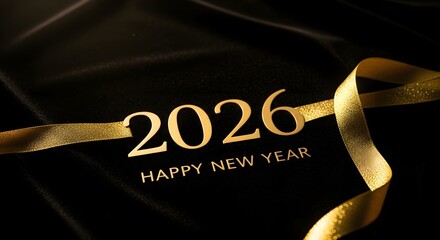 Golden ribbon and numerals showcase happy new year 2026 on dark backdrop