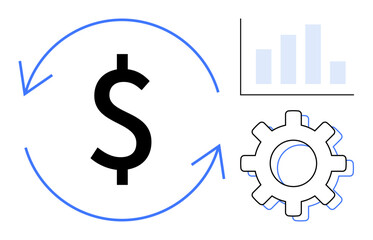 Dollar symbol surrounded by arrows, gear representing operation, and bar chart indicating growth. Ideal for business, optimization, finance, analytics, investment management strategy. Simple flat