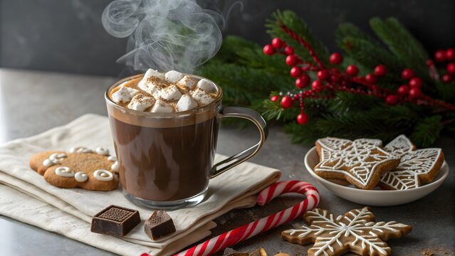 Mug of Hot Chocolate with Marshmallows and Candy Cane Surrounded by Gingerbread Cookies, Coffee Beans, and Pine Branches on a Holiday Table