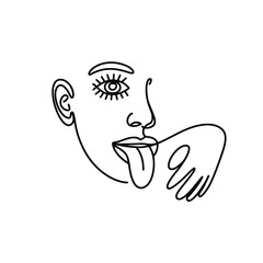 Minimalist line art of a woman s face with tongue out and hand