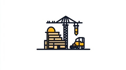 Construction site with a crane and bulldozer, building unfinished, white background for graphic design use