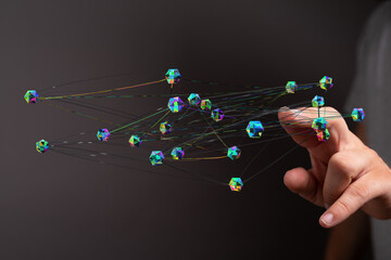 Conceptual image of digital network with hand interacting showing connection and information flow, innovative t