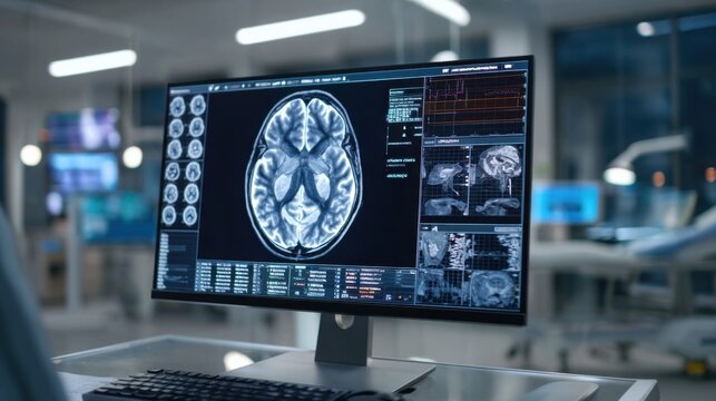 Medical professional analyzing brain scan on computer screen