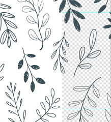Illustration of seamless pattern of handdrawn dark blue branches with leaves on a white background