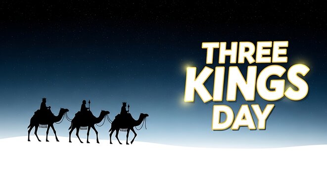 Three kings day with camels and starry sky in silhouette