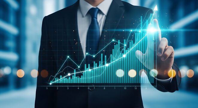 Businessman interacting with futuristic financial growth chart hologram
